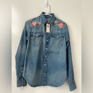 NWT POLO Ralph Lauren Denim Floral Embroidered Button Down L/S Shirt, size Small